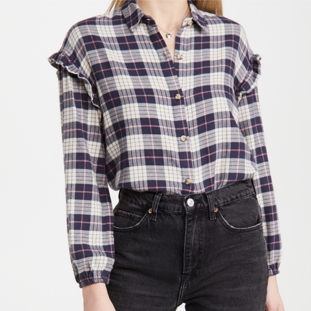 Rails Willow Plaid Ruffle Button Down Shirt Almond Pink Navy Size Small